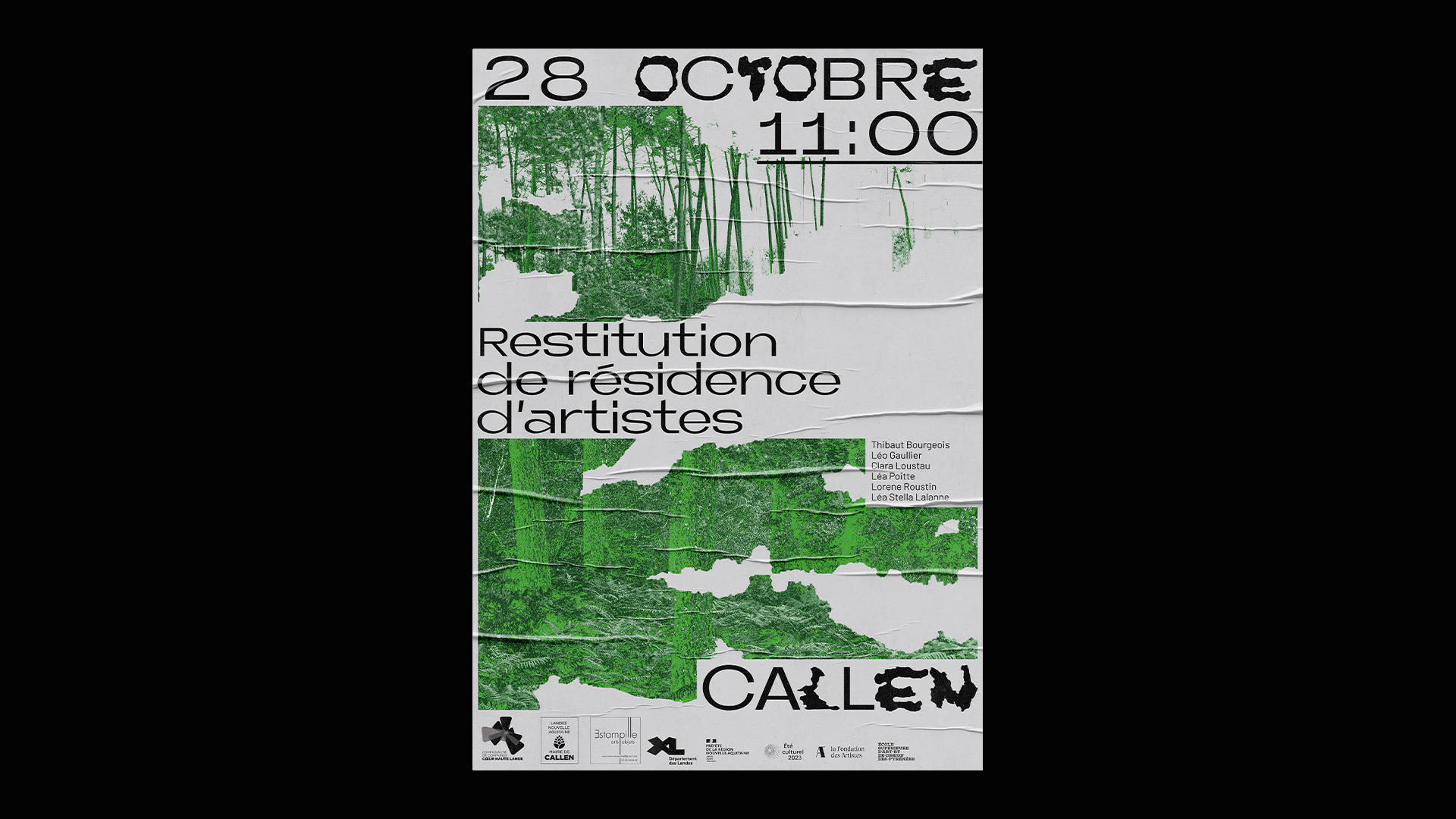 Affiche de communication de la restitution de résidence artistique, réalisée par Clara Loustau, graphiste et designeuse, à Callen Landes et Pau.